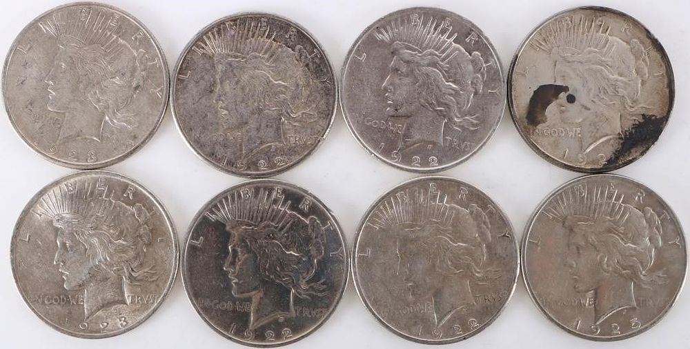 Lot 233341: ASSORTED 90% SILVER LIBERTY PEACE DOLLARS - (8)