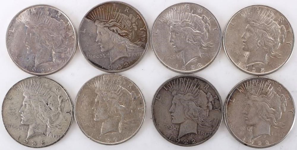 Lot 233342: ASSORTED 90% SILVER LIBERTY PEACE DOLLARS - (8)