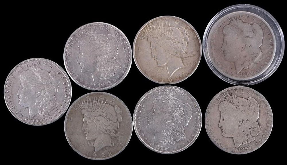 Lot 233343: ASSORTED 90% SILVER MORGAN/ PEACE DOLLARS - (7)