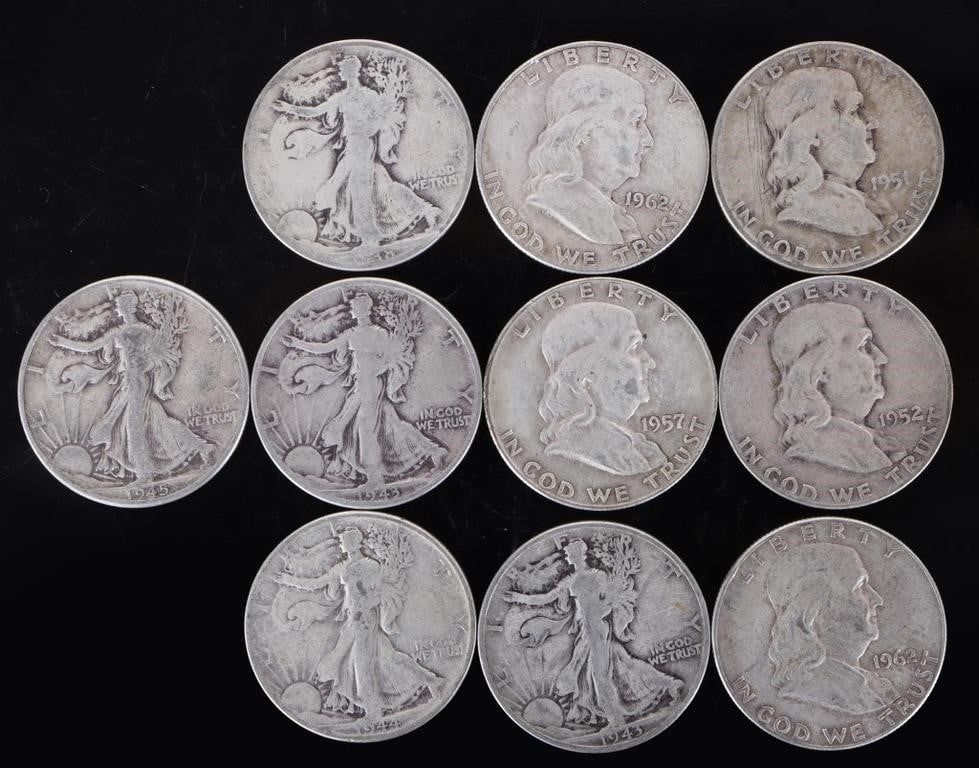 Lot 233347: ASSORTED 90% SILVER U.S. HALF DOLLARS - (10)