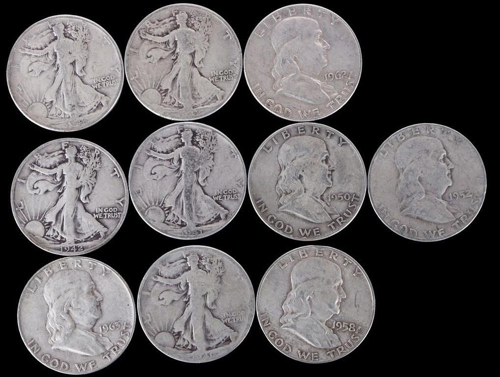 Lot 233348: ASSORTED 90% SILVER U.S. HALF DOLLARS - (10)
