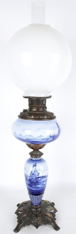 Lot 233378: ANTIQUE VICTORIAN BLUE DELFT GLASS OIL LAMP