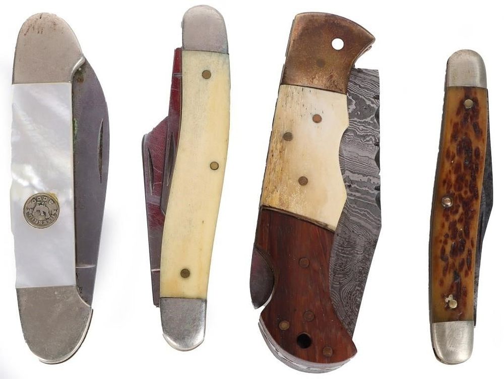 Lot 233441: ASSORTED VINTAGE DAMASCUS/ SOLID POCKET KNIVES-(4)