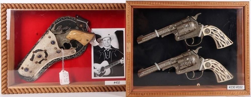 Lot 233452: VINTAGE 1950'S HUBLEY & LESLIE CAP GUNS FRAMED-(3)