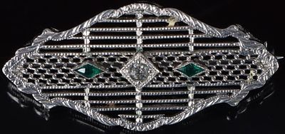 ANTIQUE FILIGREE 10K WHITE GOLD CZ LADIES PIN. Antique filigree ornate 10k white gold cubic 