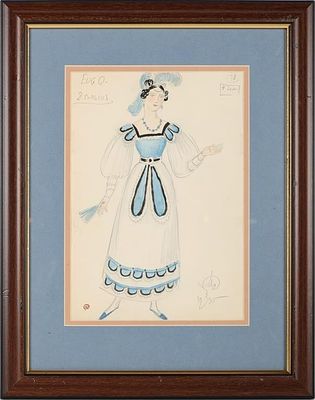DOBUZHINSKY EUGENE ONEGIN COSTUME SKETCH BLUE. Antique costume sketch by Mstislav Dobuzhinsky 