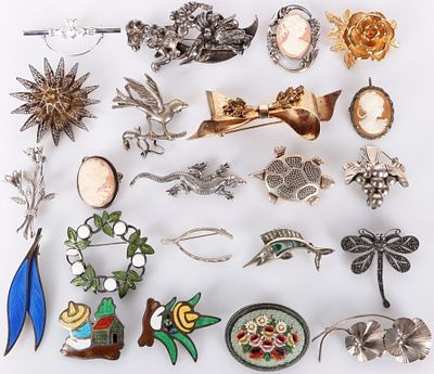 STERLING SILVER LADIES BROOCH LOT OF 22. This lot contains 20 different sterling silver ladies 