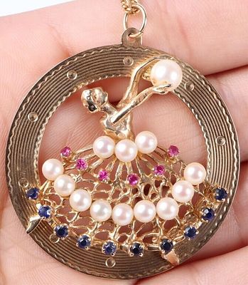 18GRAM 14K PEARL SAPPHIRE RUBY BALLERINA PENDANT. 14K. Gold Pearls, Sapphire, &amp; Ruby 