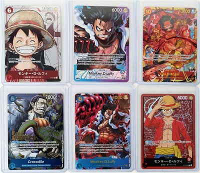 ONE PIECE HOLO CARDS LUFFY CROCODILE ROGER (6). Lot of six holographic One Piece Cards, to 