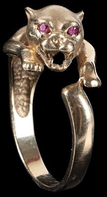 10K YELLOW GOLD LEAPING PANTHER MENS RING W/ TOPAZ. 10k yellow gold mens ring sculpted in the 