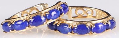 14K YELLOW GOLD LADIES EARRINGS W/ BLUE JASPER. Pair of 14K yellow gold ladies lined with five 