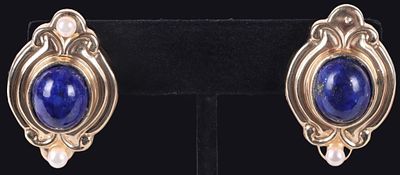 14K YELLOW GOLD LADIES EARRINGS W/ PEARL & LAPIS. One pair of 14k yellow gold ladies earrings 