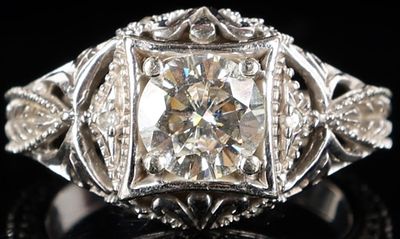 14K WHITE GOLD MOISSANITE DIAMOND ART DECO RING. 14K white gold moissanite diamond art deco 