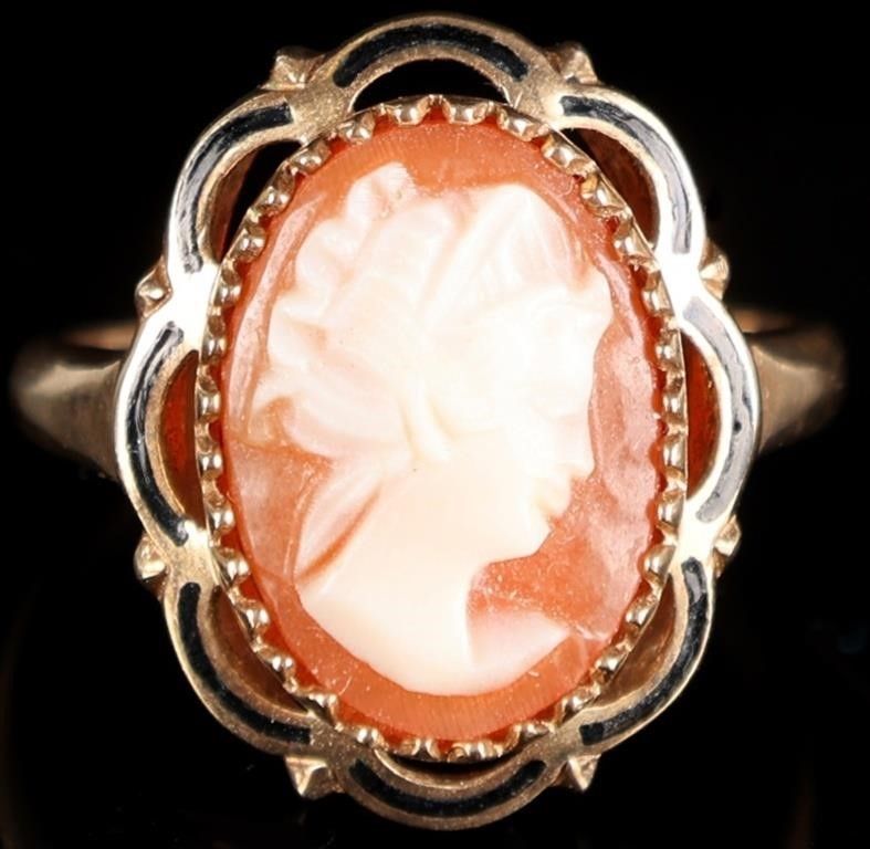 Lot 235032: 10K YELLOW GOLD ORNATE CAMEO ENAMEL LADIES RING
