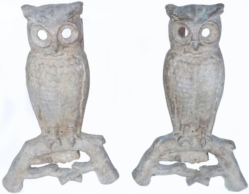 Lot 235042: ANTIQUE OWL ANDIRONS PAIR BRASS PS&W CO FIREPLACE