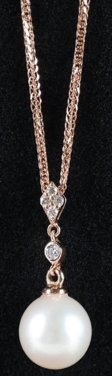 Lot 235110: 14K ROSE GOLD NATURAL DIAMOND & PEARL NECKLACE