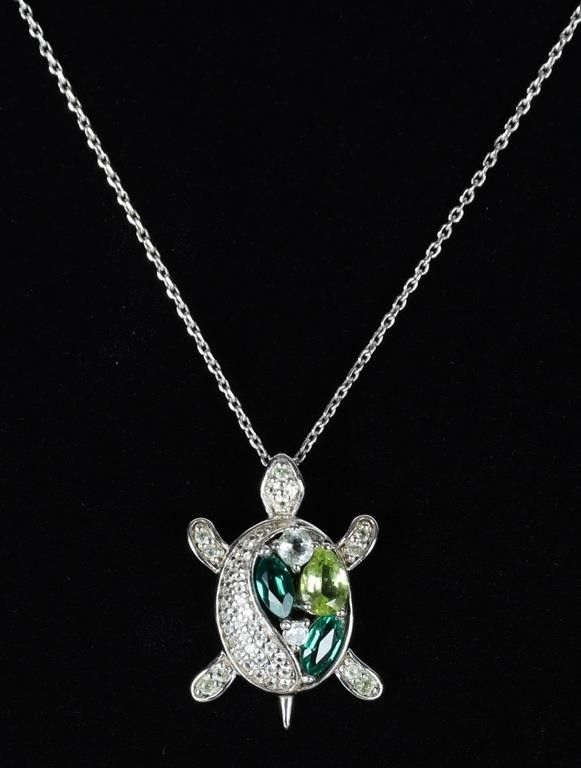Lot 235145: 0.925 SILVER EMERALD AQUA PERIDOT TURTLE NECKLACE