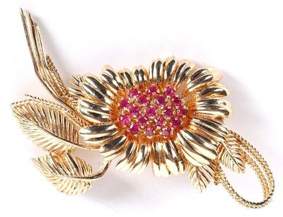 1.26CTW RUBIES 14K YELLOW GOLD WILDFLOWER BROOCH. 14k yellow gold ladies finely-sculpted 
