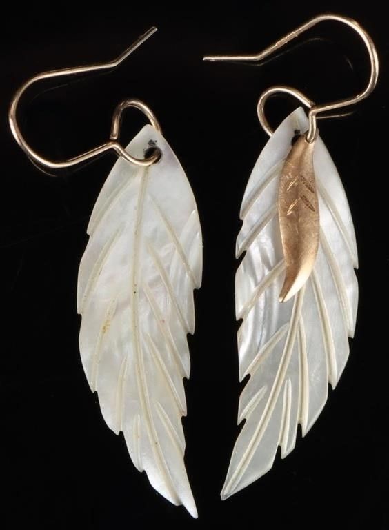 Lot 235178: 14K YELLOW GOLD MOTHER OF PEARL FEATHER EARRINGS