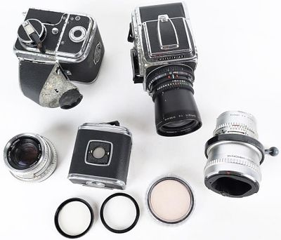 HASSELBLAD CAMERAS LOT 2 BODY 3 MAGS 3 LENS +MORE. Lot of vintage Hasselblad cameras and 