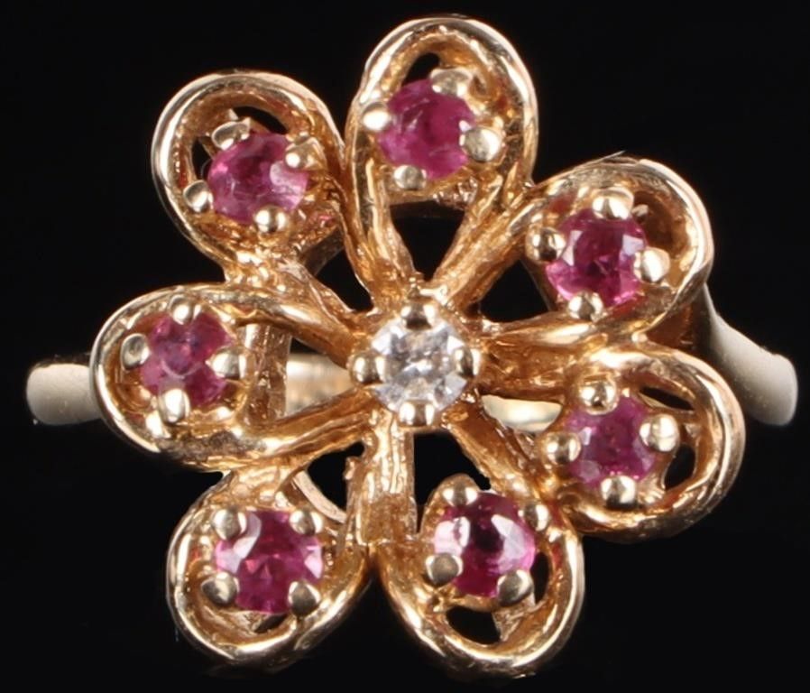 Lot 235273: 14K YELLOW GOLD FLORAL LADIES RING W/ DIA & RUBIES