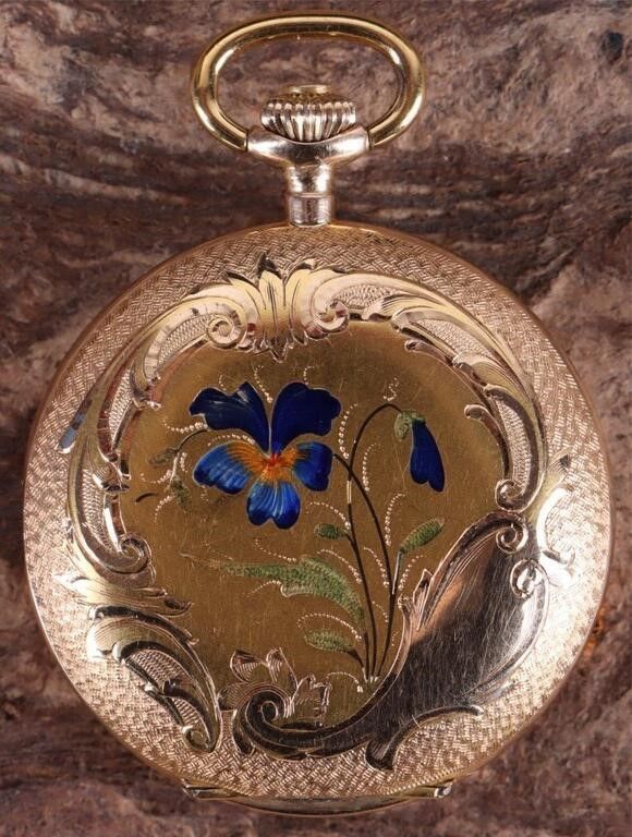 Lot 235304: 14K REMONTOIR POCKET WATCH 10 JEWELS FLOWERS