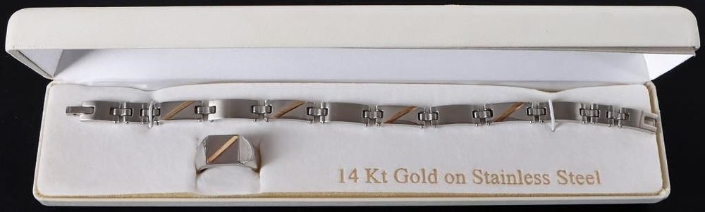 Lot 235336: 14K PLATED MEN STAINLESS STEEL BRACELET & RING SET
