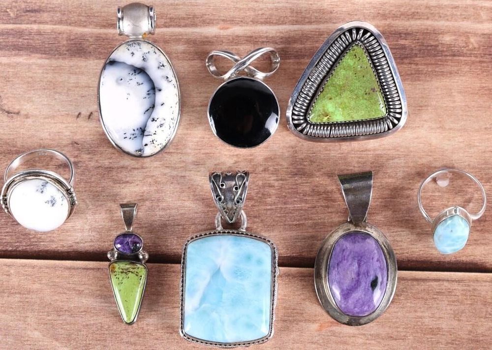 Lot 235338: STUNNING STERLING GEMSTONE PENDANT & RING LOT (8)