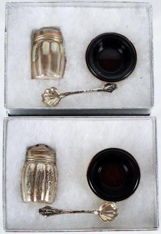 Lot 235344: STERLING SILVER SALT CELLARS & GLASS SHAKERS 2 SET