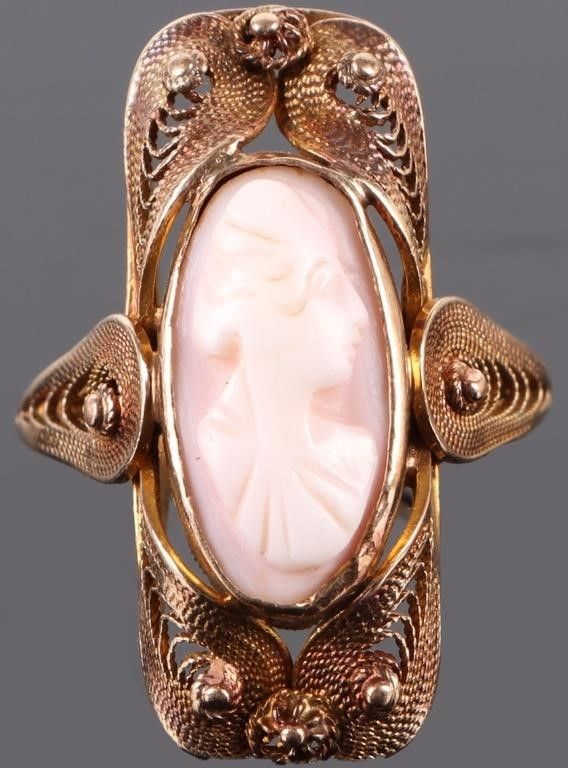 Lot 235352: 1920'S ART DECO FILIGREE CAMEO 10K GOLD RING
