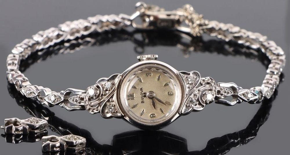 Lot 235424: BULOVA 14K WHITE GOLD WATCH W/ DIAMONDS & SAPPHIRE