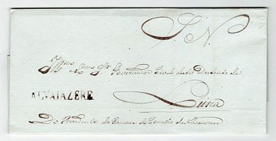 Letter of royal service, issued from Alvaiazere (AVZ 2 rar3), in sepia on 24.7.1842, to Leiria.