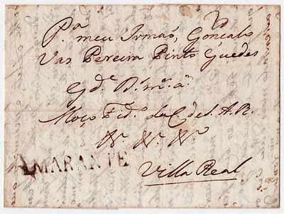 Pre-philately. Letter dispatched from Amarante on 29.7.? in sepia (1814 to 1822) AMT 2 (R6) to 