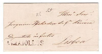 Letter from Arraiolos (ARL 2 rar6), in sepia, on 23.5.1853, postage 25 reis to Lisbon 25.5