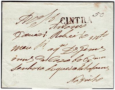 Pre-Philately Portugal, Cintra SNT1 (rar3) sepia, 31.10.1826, postage 50 to Lisbon. MB.