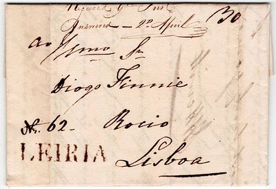 Pre-Philately Portugal, Leiria LRA3 (rar6), sepia, 7.3.1821, postage 30 to Lisbon.
