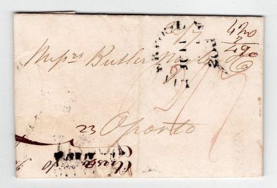Letter from Liverpool, 11.6.1821, English postage 2/7, to Porto. It came to Lisbon on the 