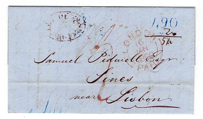 Letter from London, 16 January 1852, by packet to Lisbon, postage 490 reis, arrival on 22 