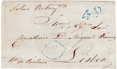 Pre-philately.1850.Letter sent from Porto on 8.9.1850,delivered on board the“Pine Farm”, marked 