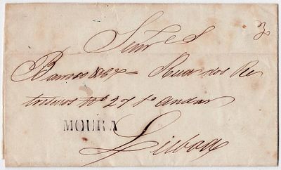 Pre-philately. Letter sent from Amareleja on 27.12.1851, marked at the Moura Post Office MRA 1 