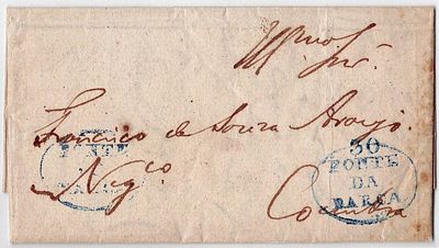 Pre-philately. Letter sent from Ponte da Barca, undated, (1836 to 1846) marked PTB 3, to 