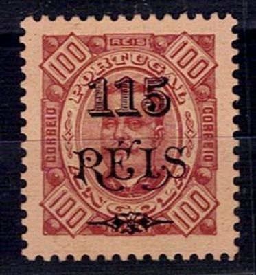 Angola * 1902 – D. Carlos I, Diogo Neto type, with surcharge. Stamp Mf#7a, 115 rs/ 100 reis 