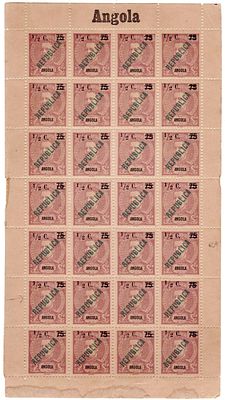 "Angola 1919 – D. Carlos I, Mouchon type, with overprint “Republic”, typographed locally and 