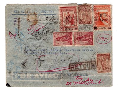 Angola. Carta escrita em Nova Lisboa a 29.1.1947, franquia de 23,05 Angolares, para ser enviada 