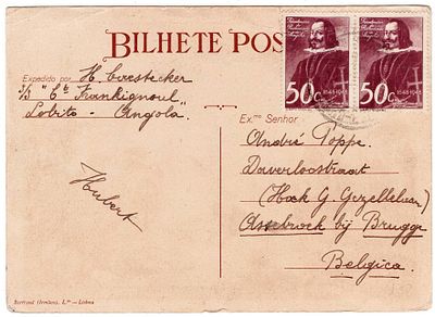 Angola. 1948. Postcard commemorating the tercentenary of the Restoration of Angola, 1 Angolan 