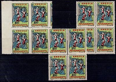 Angola 1965 Postal Tax, Settlement, Map of Angola. 3 BLOCKS of MF18, $50, polychrome, medium 