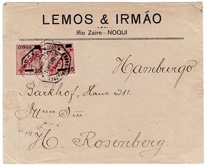 Congo. 1911. Letter sent from NOQUI on 3.10.1911, postage of 50 reis (2 stamps of 25/200 D. 