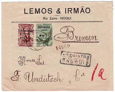 Congo. 1914. Letter registered in NOQUI on 26.9.1914, 10 cents postage (stamps of 7 &frac12; /75 and 2 
