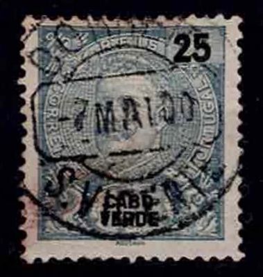 Cabo Verde 1898-1901, D. Carlos tipo Mouchon. Selo Mf#37b, 25 reis verde em denteado 12,5. Selo 