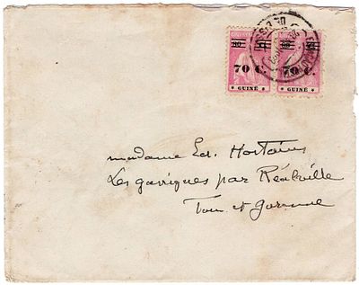 Guinea. 1933. Letter sent from Bissau on 28.8.1933, postage of 1$40 (pair of 70/80 Ceres), to 
